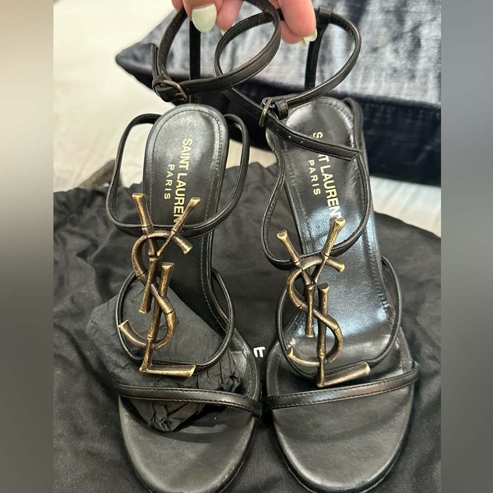SAINT LAURENT Cassandra 110 Sandals - Black Nappa Leather / Antique Gold Logo